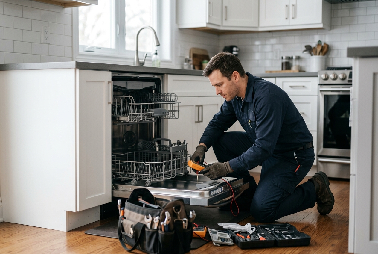 Professional appliance technician diagnosing and repairing a dishwasher in Dubai