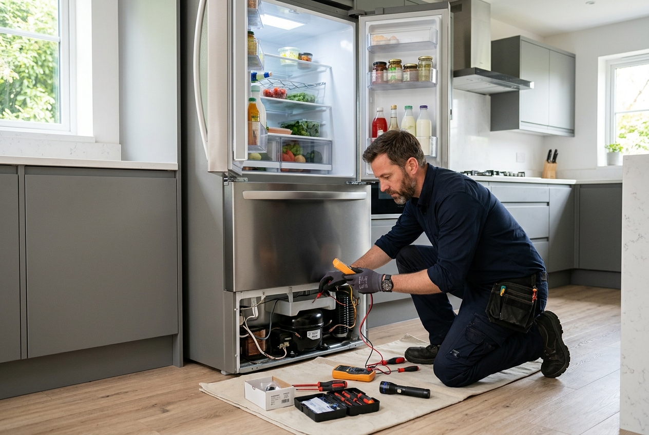 Professional appliance repair technician inspecting and servicing a refrigerator in Dubai