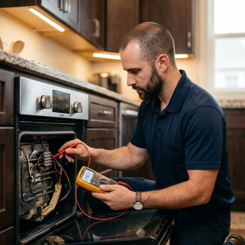 Technician testing heating elements and gas cooker ignition in Dubai