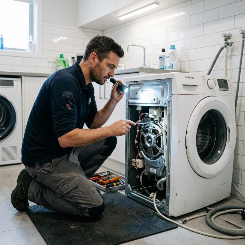 Technician inspecting washing machine drum and drainage pump in Dubai